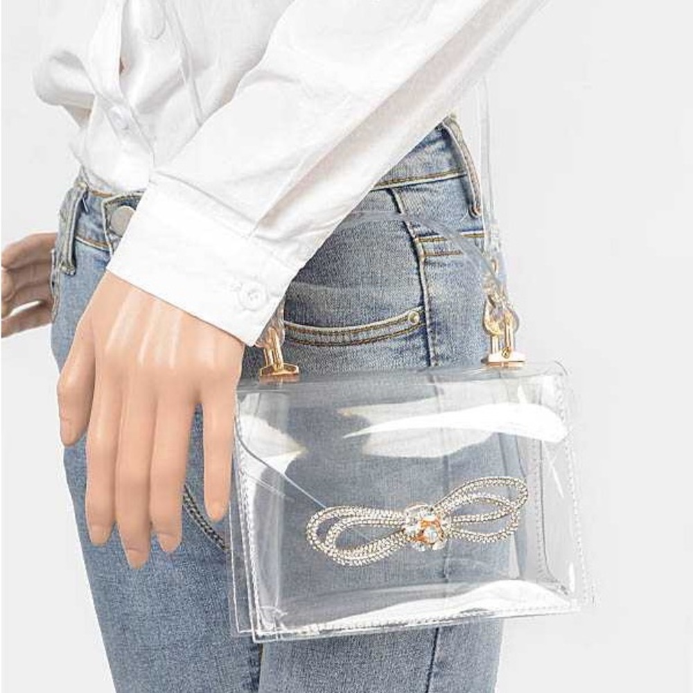 Clear Acrylic Handbag with Gold Rhinestone Bow Accents